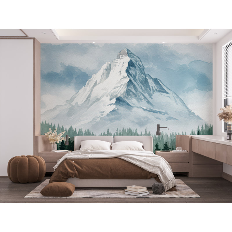 Montagne, neige, mur, graphique, rivière, pelez et collez, papier peint forêt, chambre de bébé, autocollant, amovible, pépinière, décoration murale