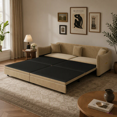 Canapé-lit gigogne 3 places de 208 cm (81,9 po), convertible 3 en 1 avec 3 coussins et détails dorés, design moderne en velours, idéal pour les petits espaces, le salon ou un appartement.