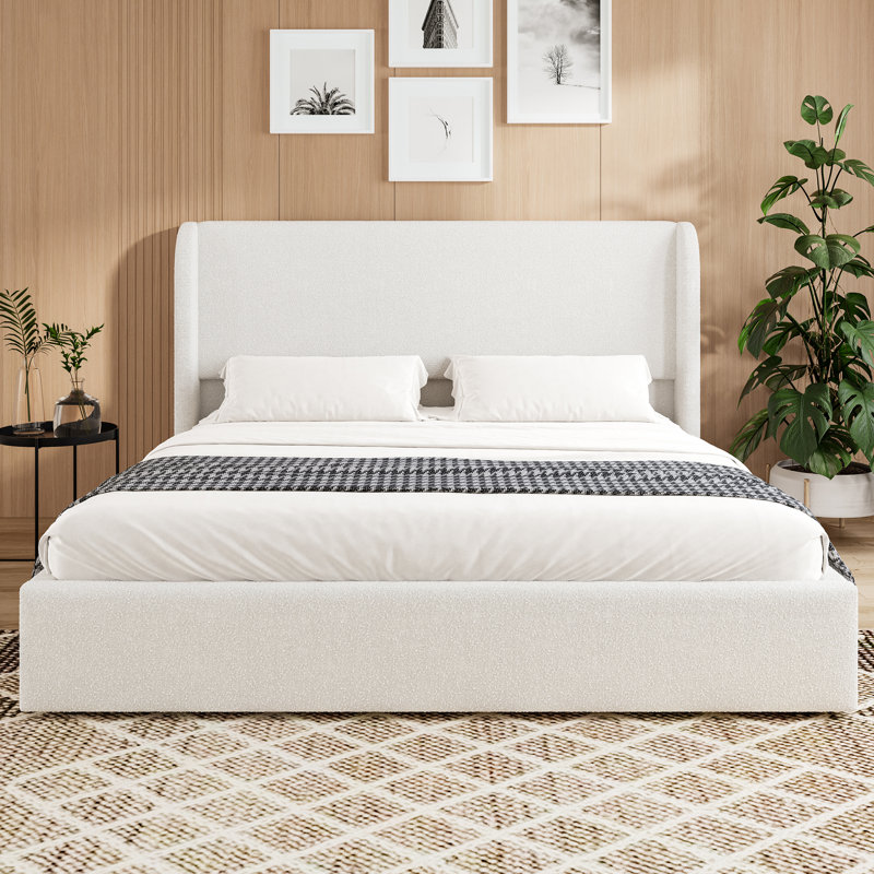 Queen Size Boucle Upholstered Cloud Bed Frame with Headboard, Solid Wood Legs & Slats, No Box Spring, White, Queen