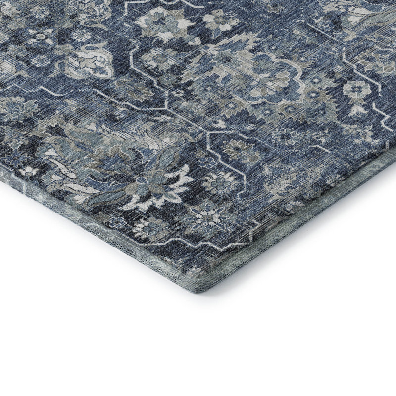 Tapis bleu Premium Alliah AMF94 lavable à la machine, Rectangle 8 pi x 10 pi