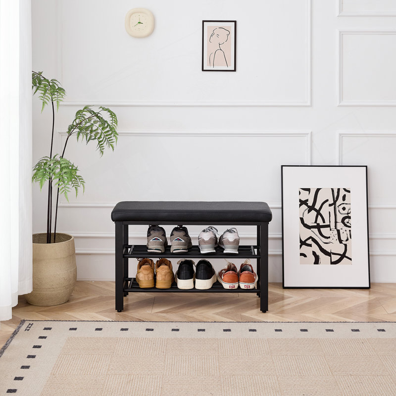 Small Shoe Bench, 3-Tier Shoe Rack, Shoe Storage Bench With PU Seat Cushion, Entryway Shoe Rack Bench With Metal Mesh Shelves, Freestanding Shoe Organizer For Hallway