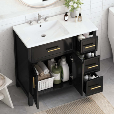 Meuble-lavabo de salle de bain avec comptoir, meuble-lavabo avec deux portes et trois tiroirs, bois massif, panneaux de fibres à densité moyenne, un paquet