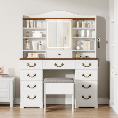 Bureau de maquillage avec miroir et lumières, coiffeuse avec chaise, bureau de coiffeuse avec 10 tiroirs et 10 tablettes de rangement