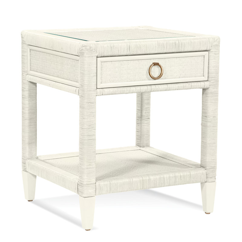 Warwick 1 - Drawer Wicker/Rattan Nightstand, Antique Frost White, Satin Brass