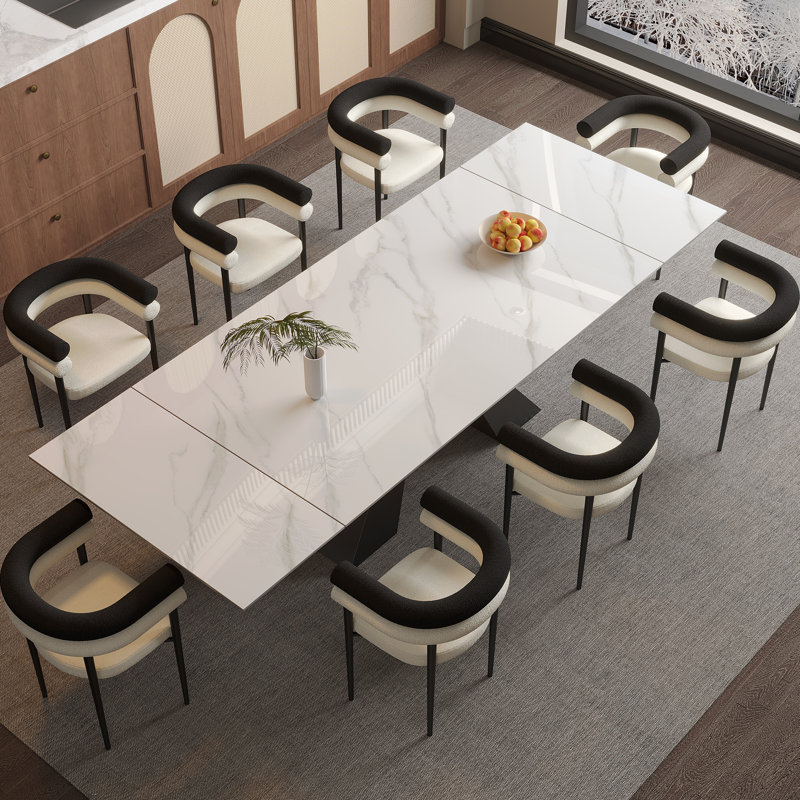 Modern Extendable Sintered Stone Dining Table With 8 Boucle Upholstered Chairs Set, White