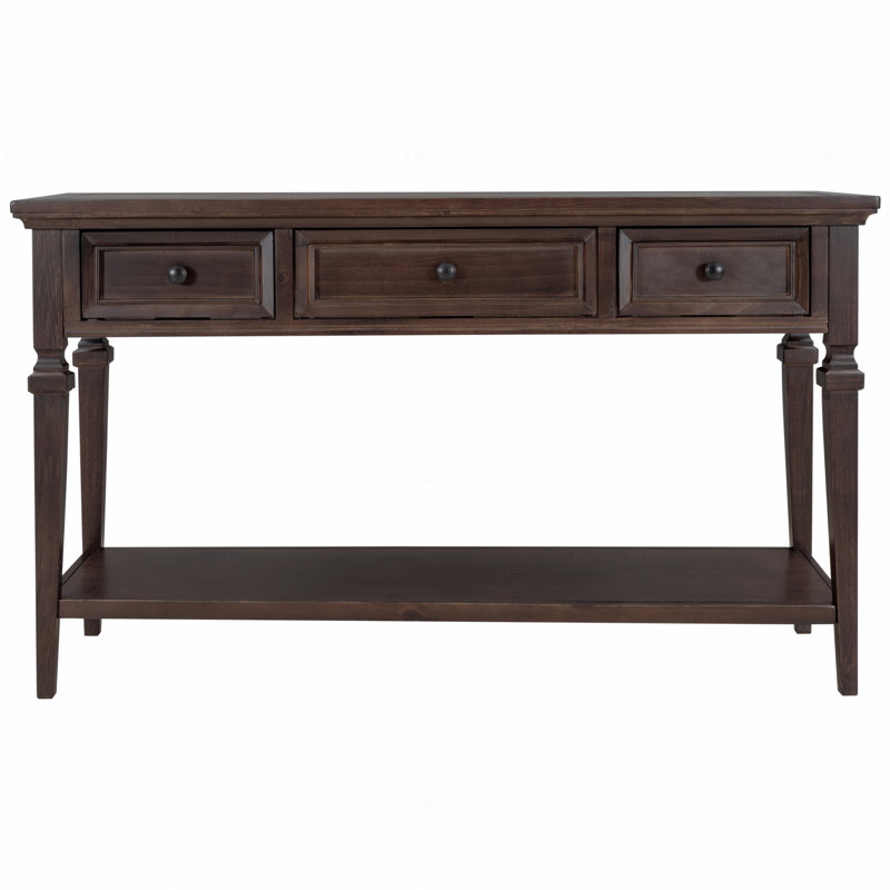 Console de style rétro classique avec trois tiroirs supérieurs et une tablette inférieure ouverte, Espresso