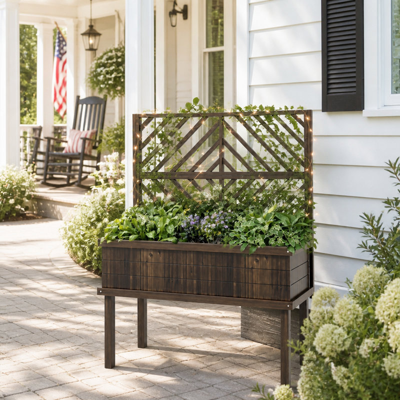 Jardinière surélevée en bois avec treillis intégré et système d'auto-drainage pour plantes grimpantes d'extérieur