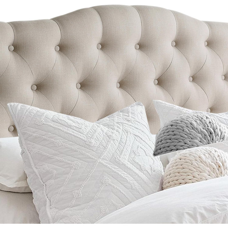 Linen Upholstered Headboard-Modern-Adjustable Height-Button Tufting, Beige, Queen