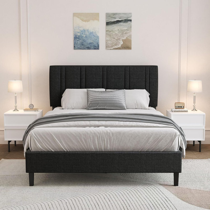 Tufted Headboard, Upholstered Platform Beds with Wooden Slats Support, Fabric Bed Frame, Queen, Black