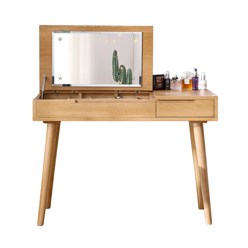 Meuble-lavabo en bois massif couleur chêne naturel avec miroir rabattable