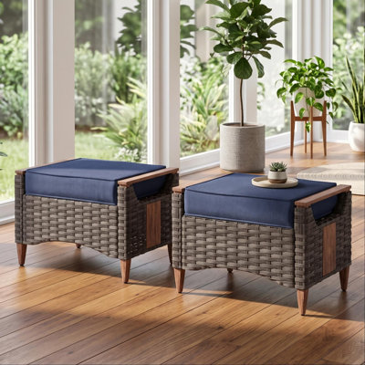 Melvarn Outdoor Patio Wicker Ottoman Set Of 2 With Cushion And Wood-look Finish