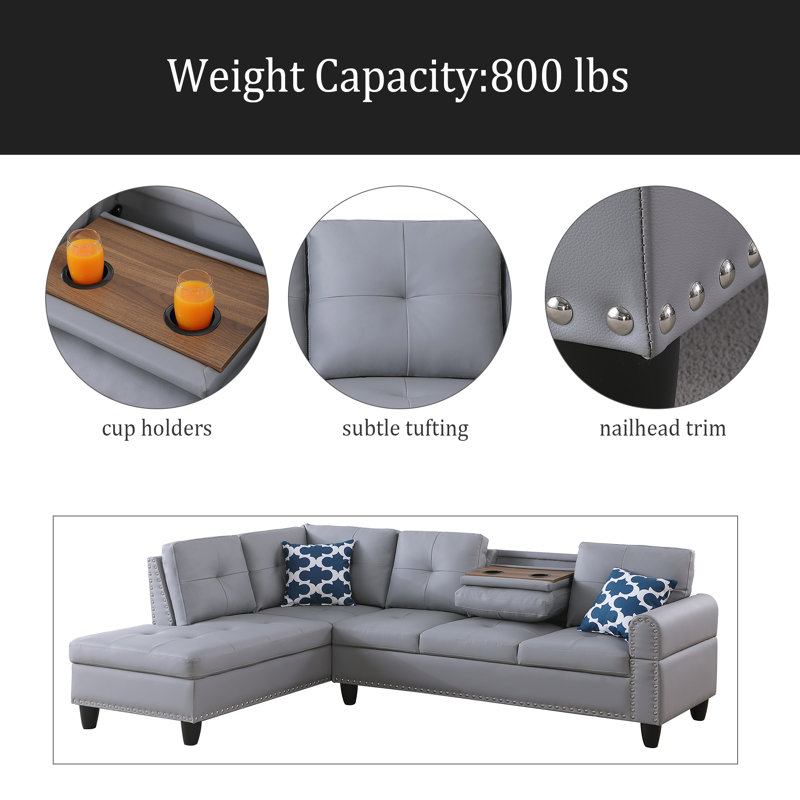 Faux Leather L - Shaped Sectional With Cup Holders 2Pc, Gray