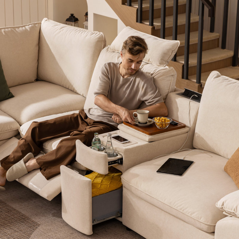 Canapé modulaire 4 places avec 2 repose-pieds et table de bout, Mélange de polyester beige