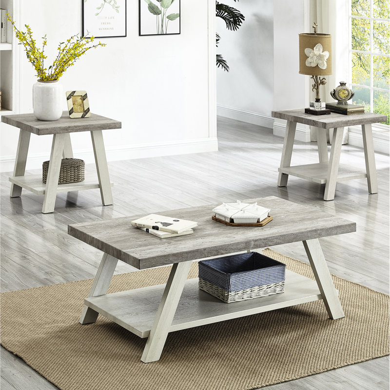 Table basse 3 - gris / beige patiné, plateaux rectangulaires, tablette en bois pour plus de rangement, pieds évasés gris et beige, contenant de rangement,