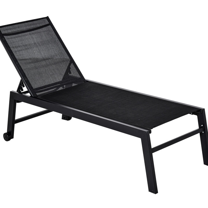 Patio Chaise With 5 Reclining And 2 Wheels - Black Outdoor Chair For Lawn, Poolside, Beach , Wheels, Patio, Poolside