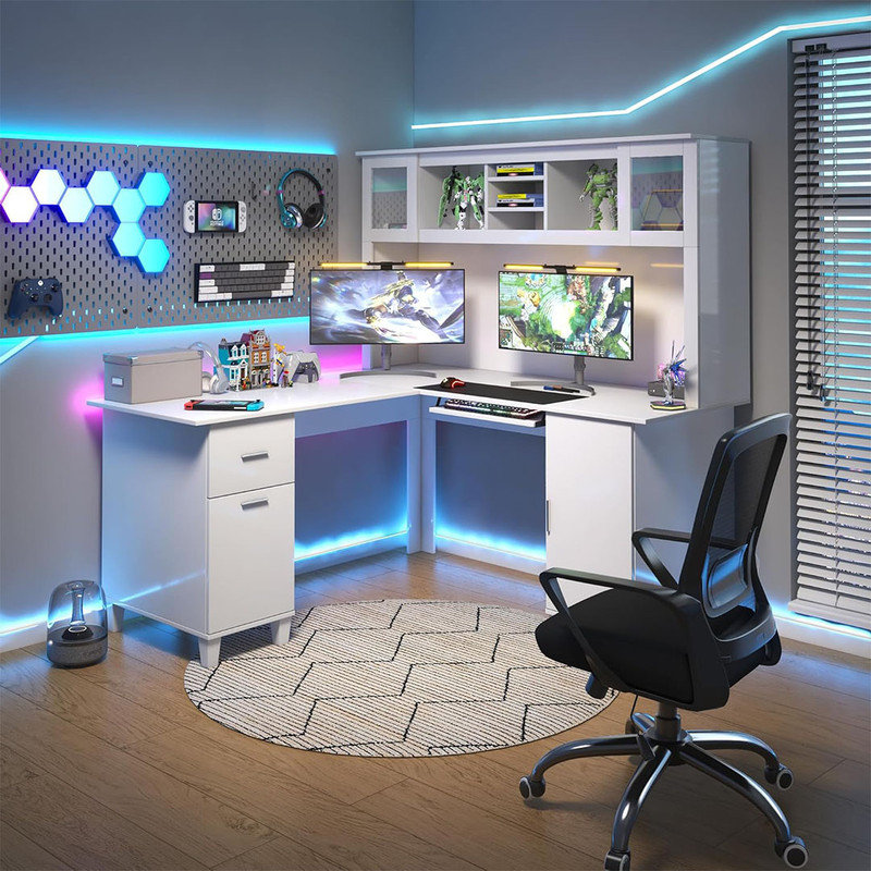 L Shaped Home Office Computer Desk with Drawers, 2-tier Bookshelf & Storage Fill Cabinet, Wood Executive Study Table Writing Desk, White