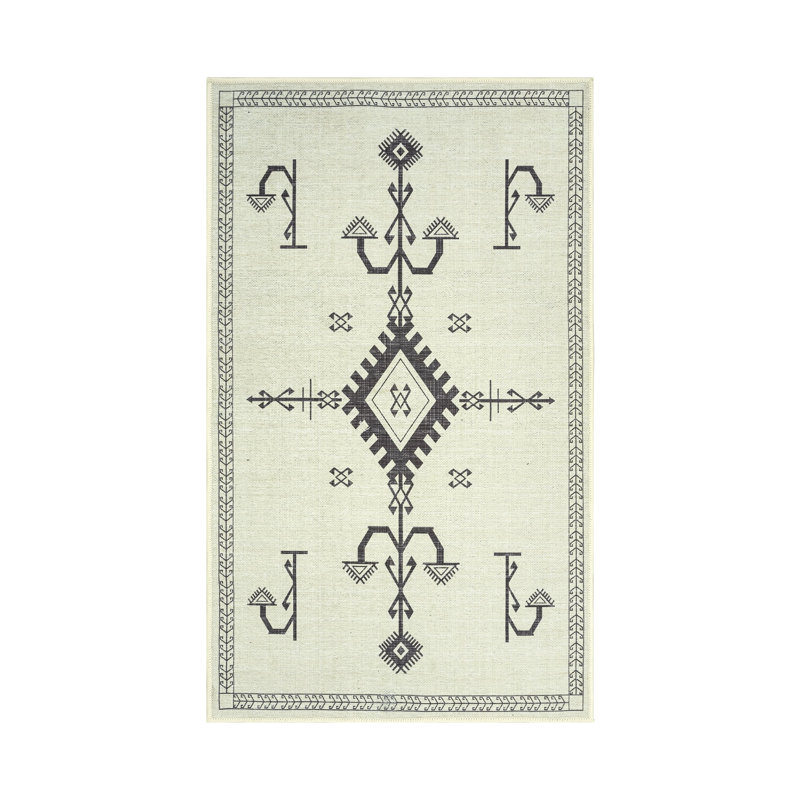 GLN Rugs Bohemian Collection - Machine Washable Area Rug, Bohemian Vintage Washable Rug, Non Slip Area Rug, Low Pile Chenille Living Room Rug, Bedroom Rug, Bathroom Rug (Beige Rug)