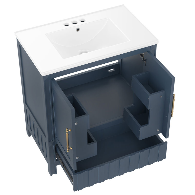 Meuble-lavabo de 30 po avec lavabo, tablettes de rangement et tiroirs, Bleu
