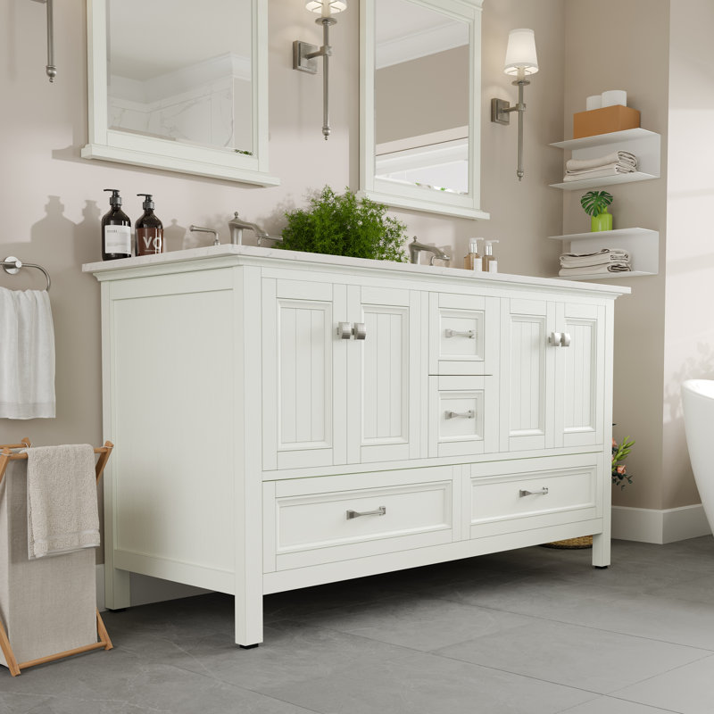 Meuble-lavabo double en porcelaine encastrable l 60 po x P 22 po Glebs, Quartz - blanc de Carrare, Blanc