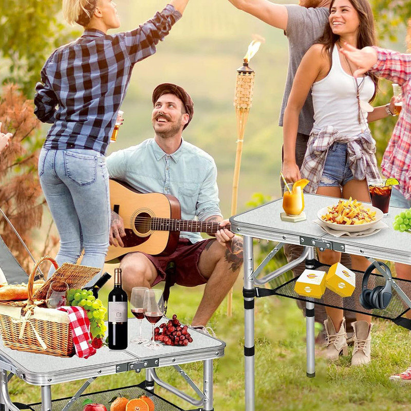 Small Folding Table, 3 Adjustable Height Foldable Table, Outdoor Folding Table with Net Mesh, White Metal Folding Table for Patio BBQ