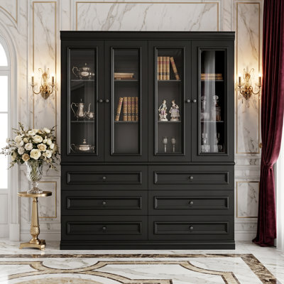 Vaisselier 4 portes en verre noir - 6 tablettes + 6 tiroirs