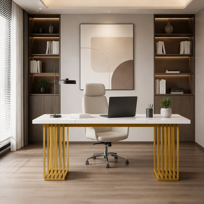 Bureau de direction moderne de 70,9 po, grand bureau d'ordinateur blanc avec pieds en métal doré, bureau en bois pour bureau à domicile, bureau d'écriture, bureau ou table de réunion pour 6 à 8 personnes