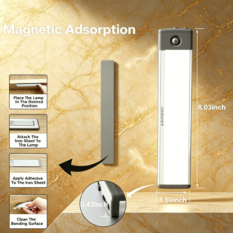 3000K Wireless Rechargeable LED Under Cabinet Lights 8Inch Warm Motion Sensor Kitchen Closet Lighting 4PCS