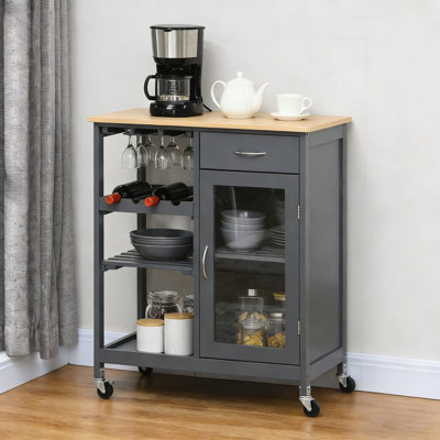 Rolling Kitchen Island with Wine Rack, Stemware Holder, Drawer, Cabinet, and Bamboo Top for Compact Spaces.