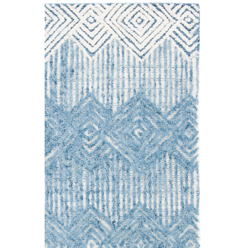 Leopoldo Geometric Handmade Tufted Wool Blue/Ivory Area Rug, Runner 2'3" x 9'