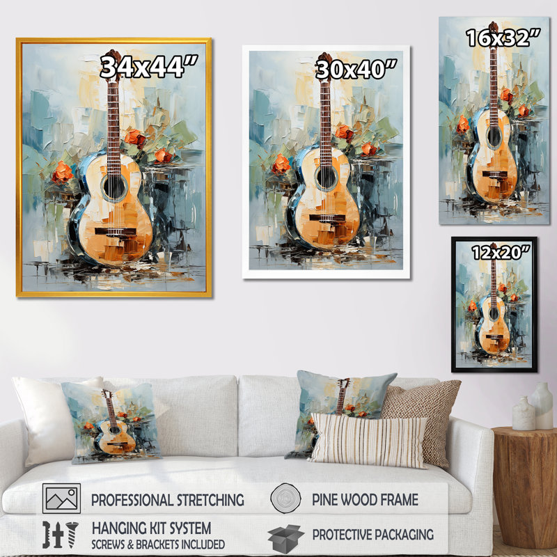 Guitare océanique Melody I - musique, art mural, Cadre flottant doré, H 32 po x l 16 po x P 1 po