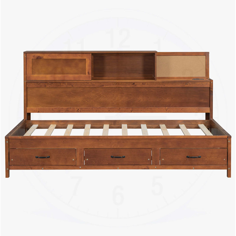 Lit de jour simple en bois avec 3 tiroirs de rangement, tête de lit souple, tablette et ports USB intégrés, , Noyer
