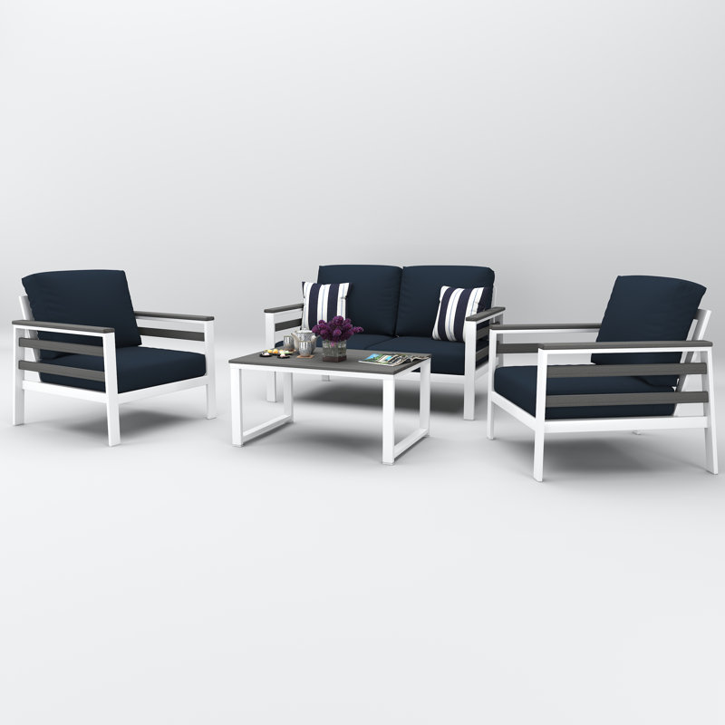 Ensemble de conversation Townsend pour 4 personnes avec coussins Sunbrella, Toile bleu marine, Gris