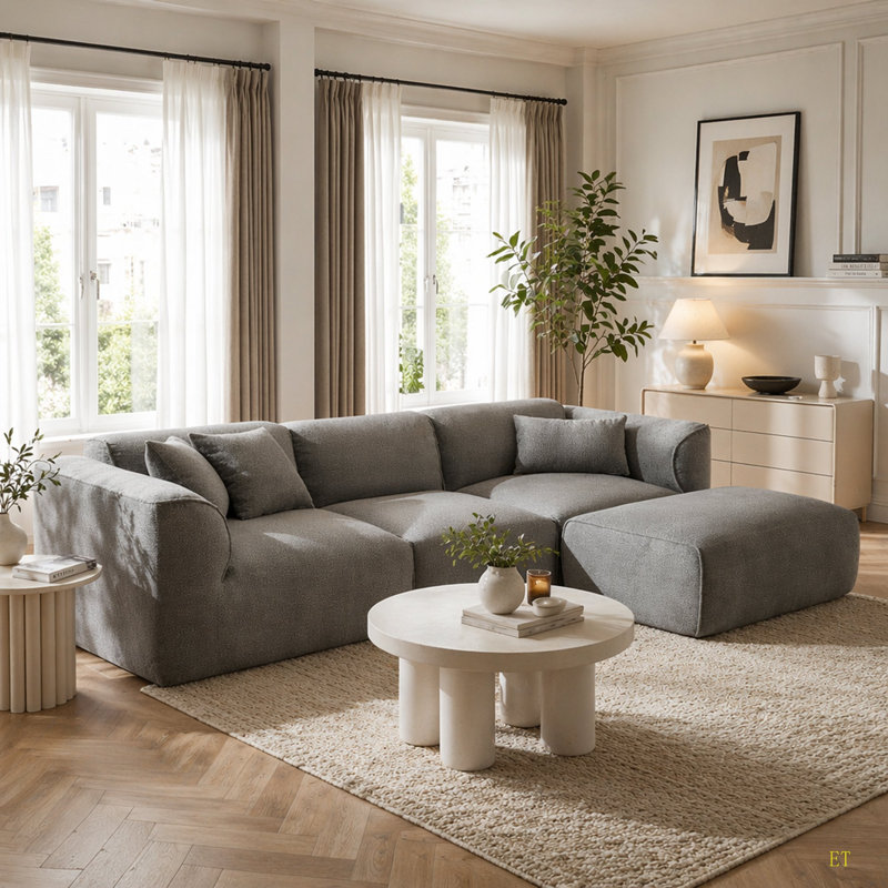 Canapé 4 places avec coussins de siège en éponge pure et repose-pieds détachable, comprenant 3 coussins décoratifs. Idéal pour les salons, les appartements et plus encore.