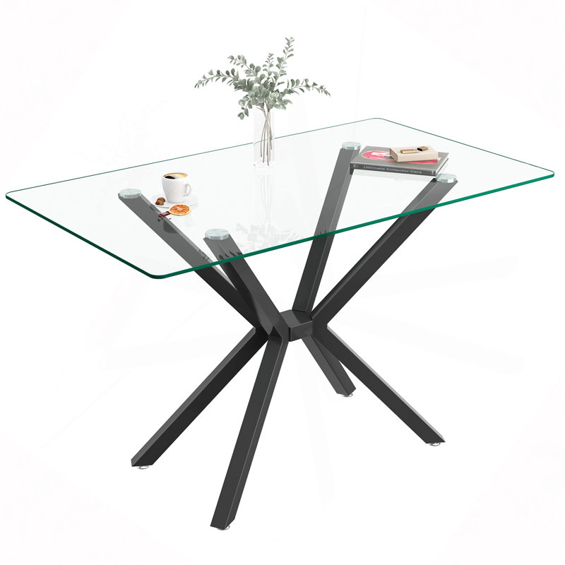 47.24" Rectangular Clear Tempered Glass Dining Table,Stylish Design With Metal Legs, Kitchen Table For Dining Room, Black