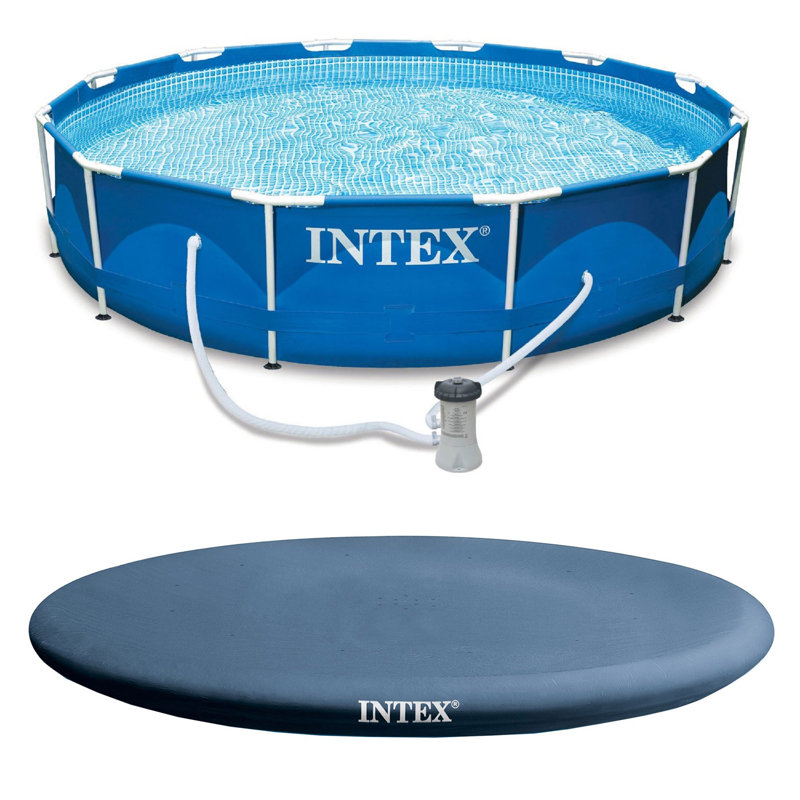 Intex Metal Frame Round Swimming Pool w/ Filter Pump & 13' Pool Cover