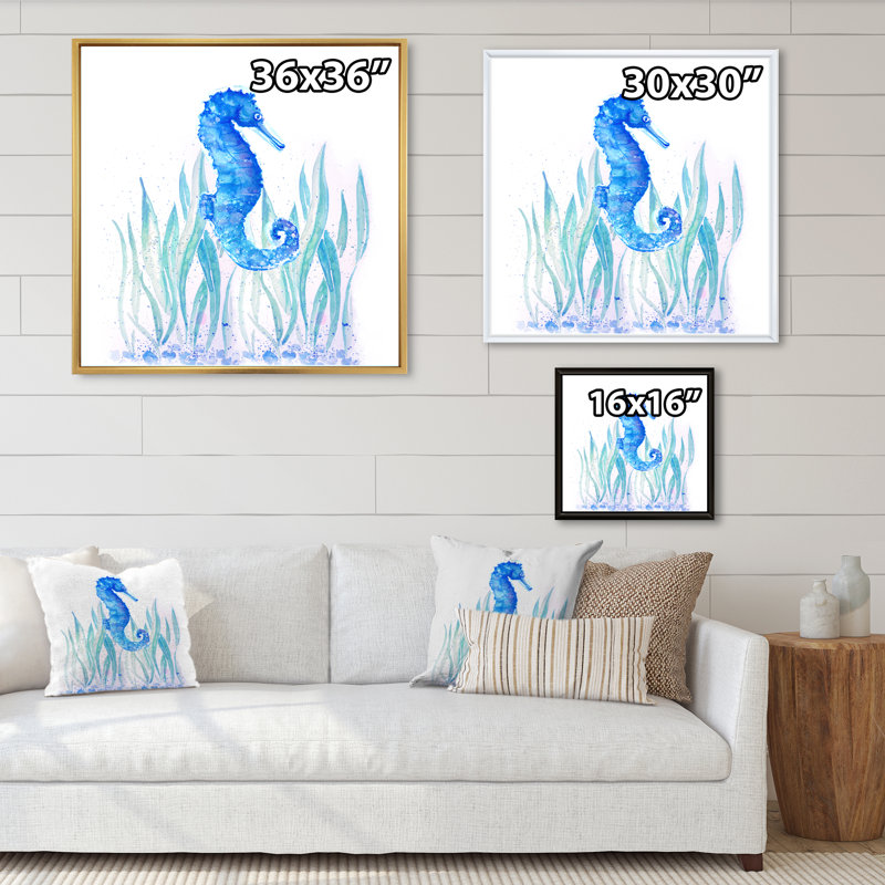 Hippocampe bleu - art mural sur toile traditionnel, H 36 po x l 36 po x P 1,5 po, Cadre flottant noir
