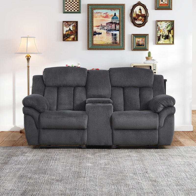 78.35'' Wide Pineapple-Textured Chenille Manual Reclining Loveseat Sofa With Center Console & Cup Holders, Slate Gray