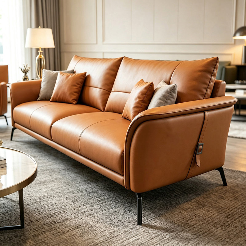 Canapé standard orange en cuir véritable, 70.08" W