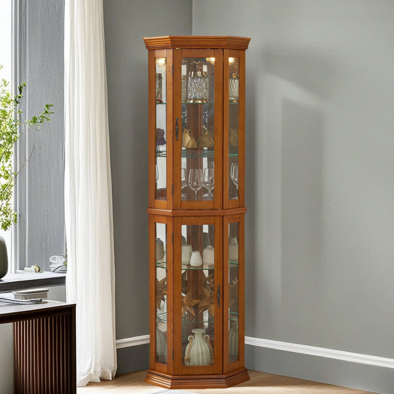 Corner Curio Cabinet Withs, Adjustable Tempered Glass Shelves, Mirrored Back, Display Cabinet (E26 Bulb Not Included), Oak