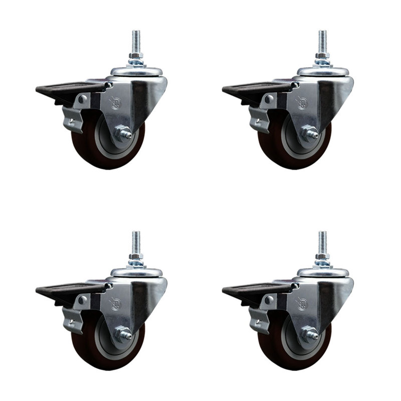 Ensemble de roulettes à tige filetée en polyuréthane 12 mm 3 pouces avec frein, H 8 po x l 8 po x P 8 po, Marron
