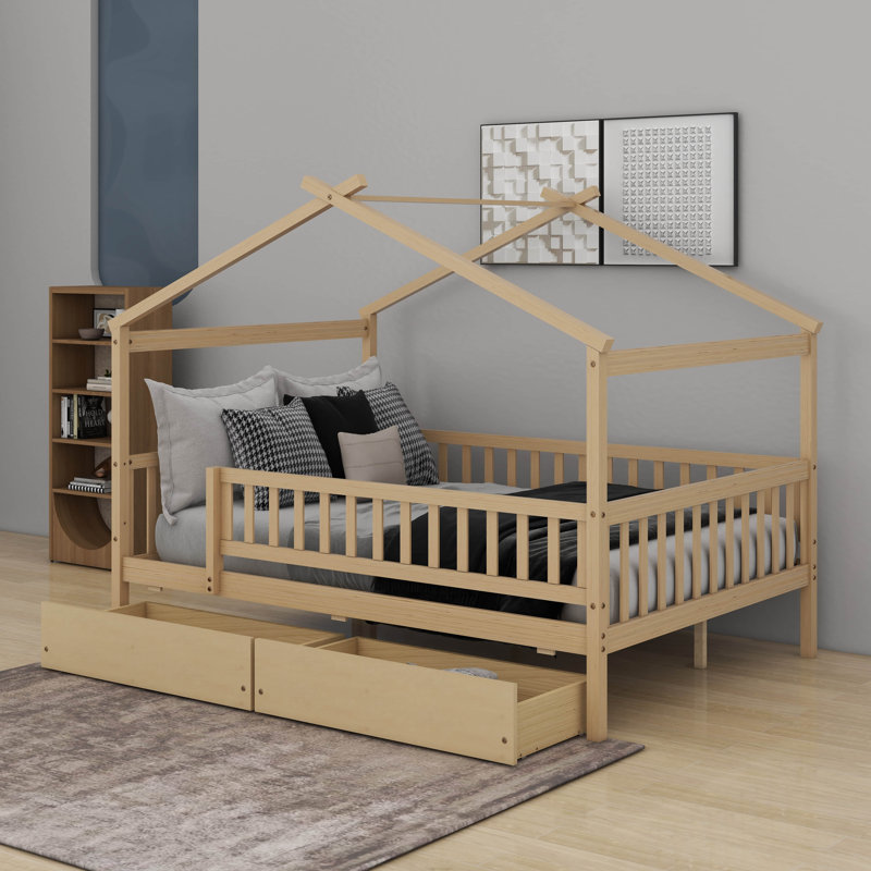 Full Size Wooden House Bed With Drawers, Naturel