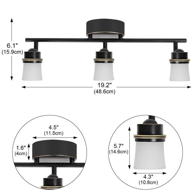 Ensemble d'éclairage sur rail 3 lumières DEL à intensité variable, plafonnier encastré bronze mat avec abat-jour en verre gravé, lampe murale réglable avec ampoules DEL intégrées