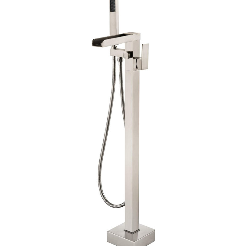 Brushed Nickel Bathroom Tub Filler With Waterfall Effect And Handheld Shower - Floor Mount, Mounted Hand Faucet