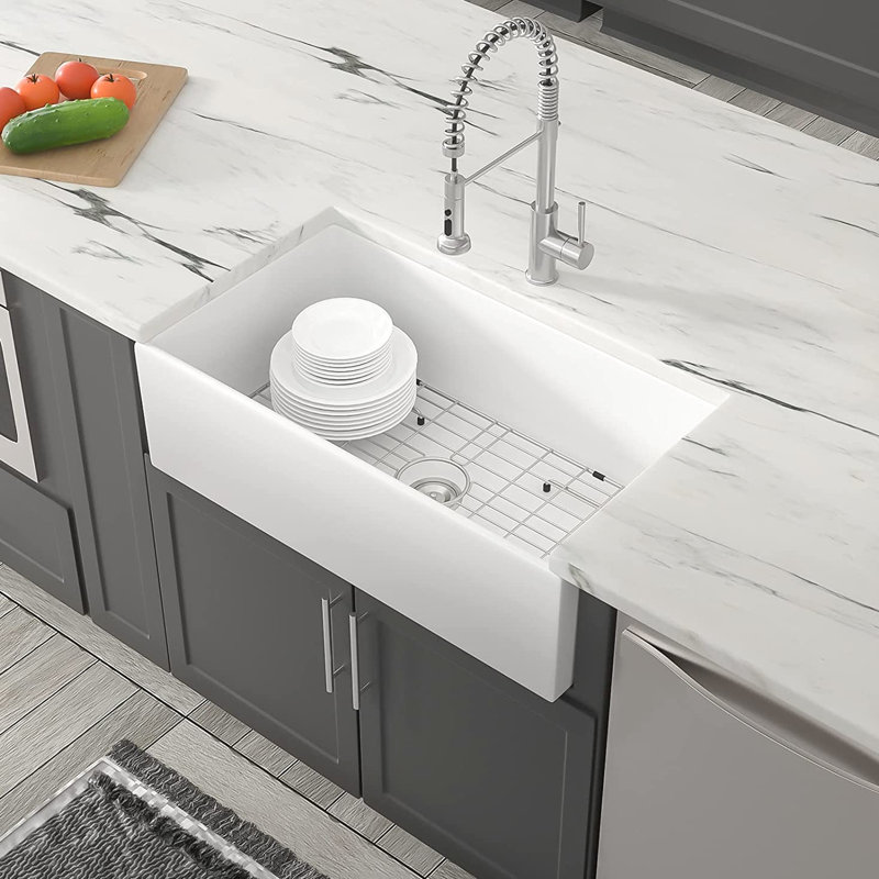 Évier de cuisine en céramique 30 po x 20 po, blanc - 1 cuve simple, résistant aux taches et aux égratignures, rouille, évier insonorisant, blanc, caractéristique d'amortissement