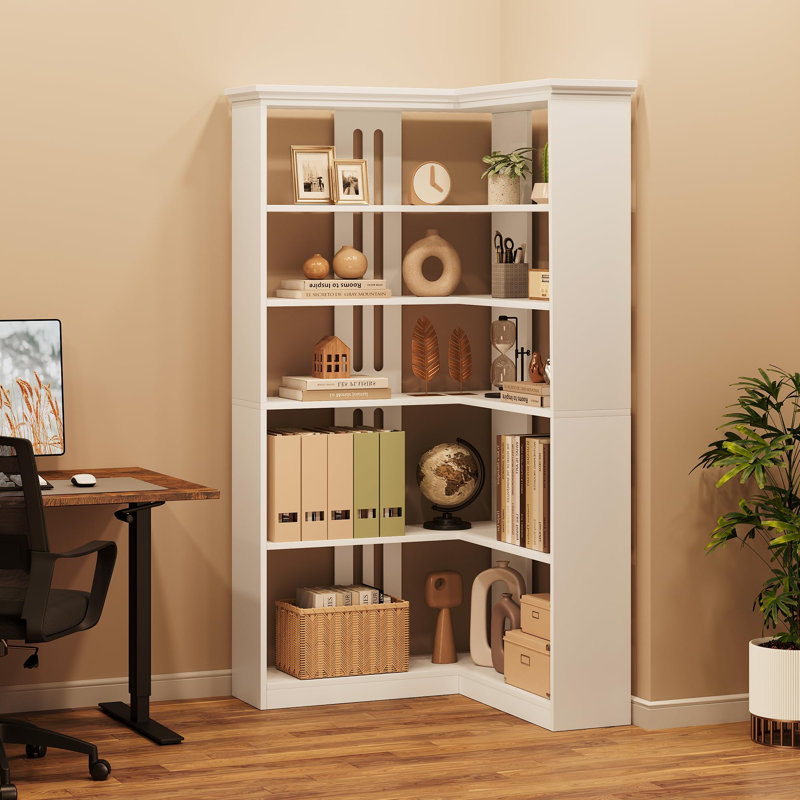 72.8" L-Shaped Corner Bookshelf, Farmhouse 5-Tier Tall Wood Bookcase, Rustic Storage & Display Rack, Half Panel, White