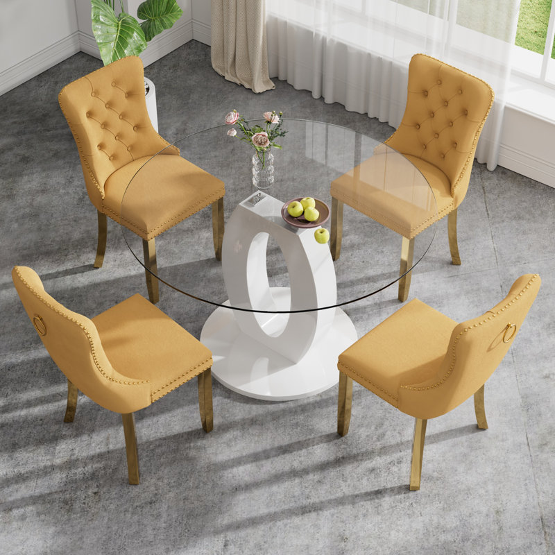 High Gloss Round Dining Table Set with 4 Velvet Dining Chairs, Yellow/Gold