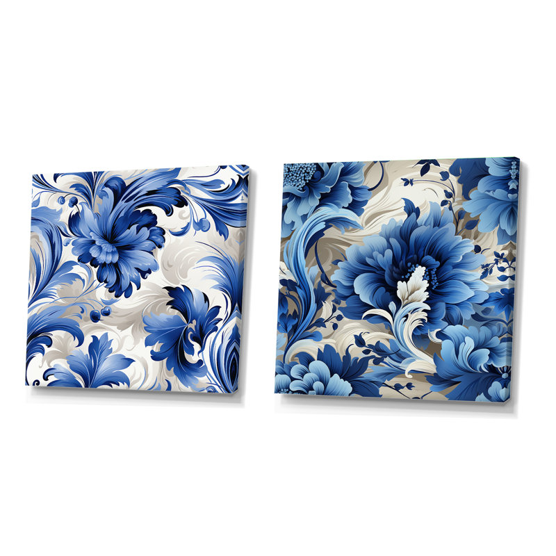 Motif victorien de tourbillons ornementaux bleu cobalt - ensemble de collage carré floral, Toile tendue, H 30 po x l 61 po