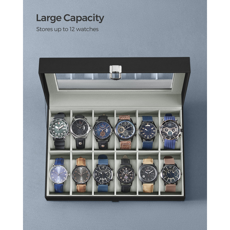 Watch Box, 12-Slot Watch Case, Watch Box Organizer, Black Synthetic Leather, Greenish Grey Lining