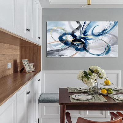 Abstract Wall Art - Blue And White Pictures Wall Decor Living Room Canvas Artwork 40X20 Inches Modern Home Decor Bedroom Aesthetic