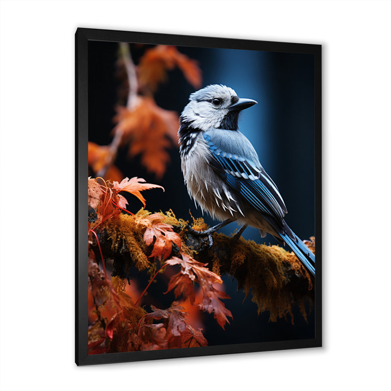 Oiseaux bleus et rouges dans les bois II - animaux, impressions sur toile, H 32 po x l 24 po x P 1 po, Cadre photo noir